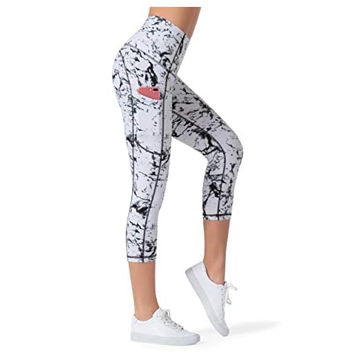 Dragon Fit High Waist Yoga Pants Capri with 3 Pockets,Tummy Control Workout Running Capri 4 Way Stretch Yoga Leggings (Small, Capri59-Marble)