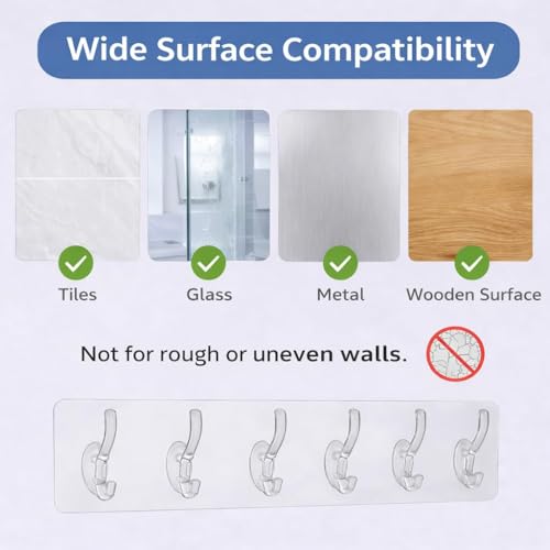 Image of Self Adhesive Hooks for Wall Heavy Duty - 10kg Load Capacity Waterproof Transparent Wall Hooks for Hanging - No Drilling Nail (ProHold Hoo (6 Hook Strip Pack 2)