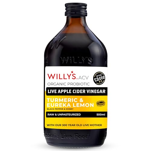 WILLY'S Organic Live Apple Cider Vinegar with Mother - Probiotics For Gut Health - Fresh Turmeric, Lemon, Honey & Black Pepper - 500ml Refillable Glass Bottle - Sustainable ACV