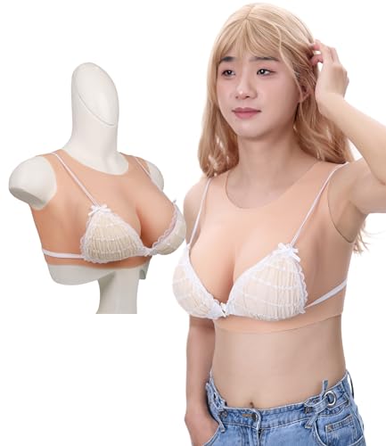 Peikey Silikon Brüste, [Rundhals-Version] Künstliche Brüste mit Geeignete BH, Realistisch Silikonbrustplatten Brustformen für Crossdresser, Natürlicher Hautton-Hochwertige Füllstoff, C Körbchen