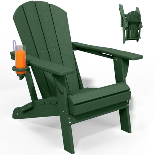 PLUUV Folding Adirondack Chair, HDPE All-Weather Patio Chairs for Outdoor, Patio, Lawn, Garden, Backyard Deck, Fire Pit - Dark Green