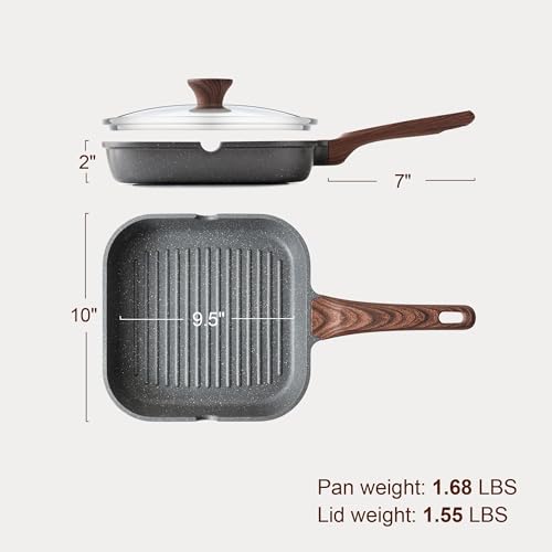 Image of SENSARTE Nonstick Grill Pan with Lid, Grill Pan for Stove Tops, Versatile Griddle with Pour Spouts, Square Big Cooking Surface, Durable Skillet Indoor & Outdoor Grilling. PFOA Free, 9.5 Inch