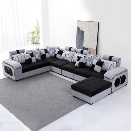 Image of Orions L Shape Sofa Set 12 Seater for Living Room (Light Grey & Black) | Modular Sofa Set 12 Seater Couch | 12 Seater Sofa with Ottoman 4 Puffy | Fabric 12 Seater Sofa