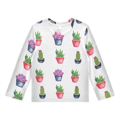 Cactus Plants White Boy's Rash Guard Swim Shirt Long Sleeve Sun Shirt for Beach Pool Sport UPF50+