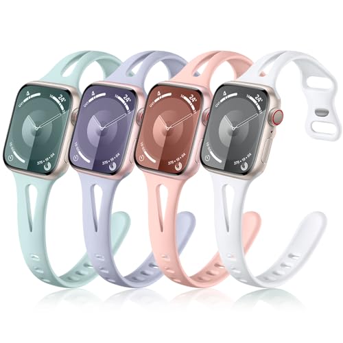 Image of Getino Compatible with Apple Watch Band 40mm 38mm 41mm 42mm iWatch SE Series 11 10 9 8 7 6 5 4 3 2 1 Slim Bands Women Men, Skinny Soft Silicone Sport iWatch Strap, Pink Sand /White /Lavender /Light Green