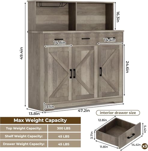 GarveeHome Farmhouse Sideboard Buffet with Microwave Stand, Barn Doors Buffet Storage Cabinet with Drawers and Shelves, Wood Coffee Bar Cabinet for Kitchen, Dining Room, Living Room, Grey