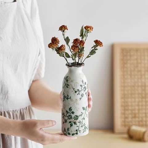 XIUWOUG Green Chinoiserie Floral Vase,Ceramic Vintage Vases Retro Ice Cracked Ceramic Vases for Home Decor, Living Room,Office,Chinoiserie Decor,G1 Cover