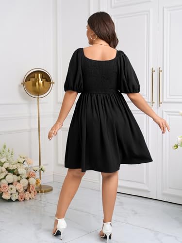 Image of SCOMCHIC Women's Plus Size Dresses Puff Short Sleeve Square Neck Smocked Pleated Casual Summer Mini Babydoll Dress