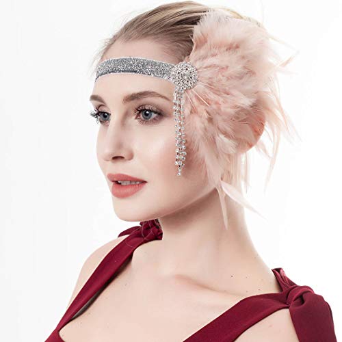 Barode 1920s Flapper Feather Headband Rhinestones Tassel Beaded Roaring 20s Gatsby Headpiece Prom Festival Vintage Hair Accessories for Women and Girls (Pink)