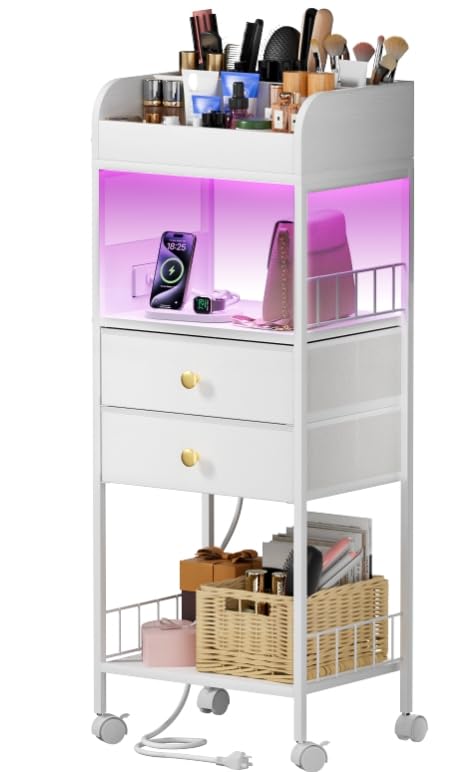 Makeup Organizer with LED Light&Charging Station, Make Up Skincare Organizers and Storage with Drawers, Vanity Cosmetics Display Cases Holder for Skin Care Nail Perfume Hair, White