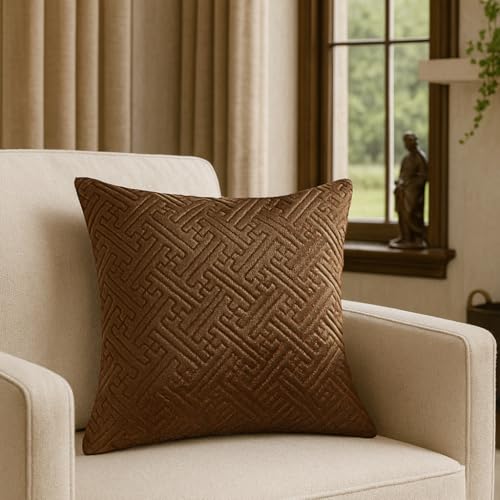 Image of Wakefit Designer Cushion Cover | 16x16 inch | Thread Work on Velvet Fabric | Maze | Machine Washable | Pack of 1 | Brown
