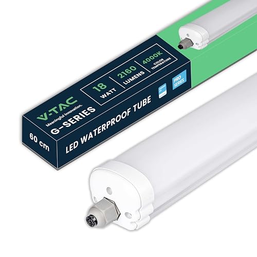 V-TAC Pantalla LED Estanca 60 CM - 18W - Chip Samsung - Lámpara Luminaria Rectangular 2160 Lumen IP65 para Pared, Garaje, Tienda - Tubo LED - Plafón LED Lineal - Luz Blanco Neutro 4000K
