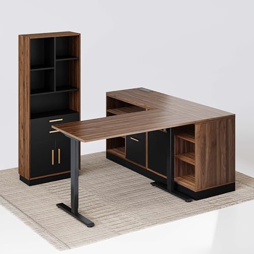 Home Office Furniture Set with Standing Desks and Bookshelves