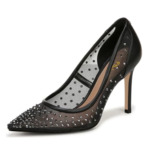 FSJ Women Pointed Toe Stiletto Pumps Slip On Sparkly Rhinestones Studded Mesh High Heel Sexy Formal Event Dress Shoes Sizes 4-16 US