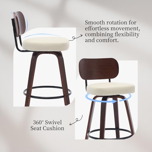 Image of Shenyon Counter Stools Set of 2, 26 inch Swivel Counter Height Bar Stools with Walnut Back,Upholstered PU Leather, Bentwood Legs, Mid Century Modern Bar Chairs for Kitchen Island, Beige