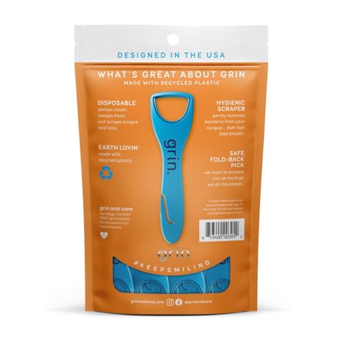 Grin Disposable Tongue Scrapers with Dental Picks for Teeth Cleaning, Tongue Cleaner for Adults & Fresh Breath, Plastic Tongue Scrape Cleaner for Oral Care, Tongue Scraper Set for Bad Breath - 1 Pack