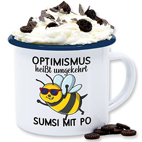 Emaille Tasse Blechtasse - Statement - Optimismus heißt umgekehrt Sumsi mit Po I Büro Arbeitskollegen - 300 ml - Weiß Blau - statements bee becher frohes neues jahr imker new year biene