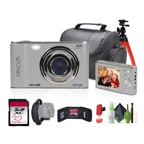 Minolta MND20 44 MP / 2.7K Quad HD Digital Camera (Silver) + 32GB Memory Card + 12 inch Flexible Tripod + Memory Card Wallet + USB Card Reader, SD/microSD + More