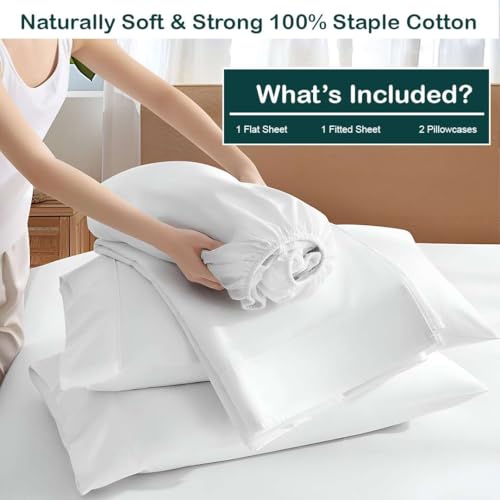 Image of NON Sticky cotton Premium 4 Piece Egyptian Cotton Fitted Queen Sheet Set, Hotel Quality Soft Breathable Bedding Sheets, 18 inch Deep Pocket, 60 inch X 80 inch, White Solid