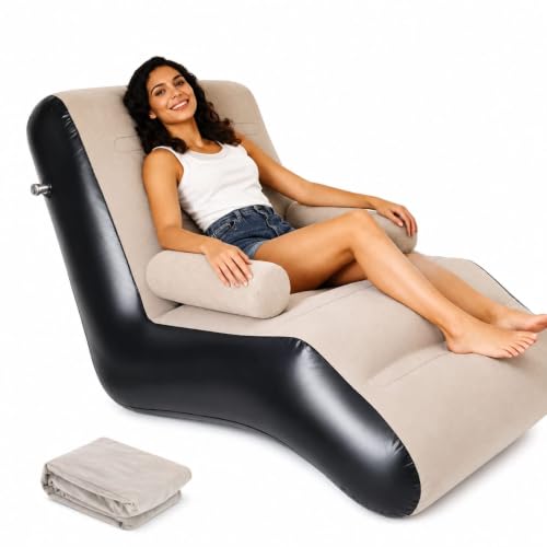 Image of Hexon Cultbuzz Inflatable Sofa Chair, PVC Flocking Lazy Recliner Air Sofa, Foldable 2-in-1 Lounge Bed with Armrests and Air Pump, Portable Indoor Outdoor Chair for Home Camping, Brown