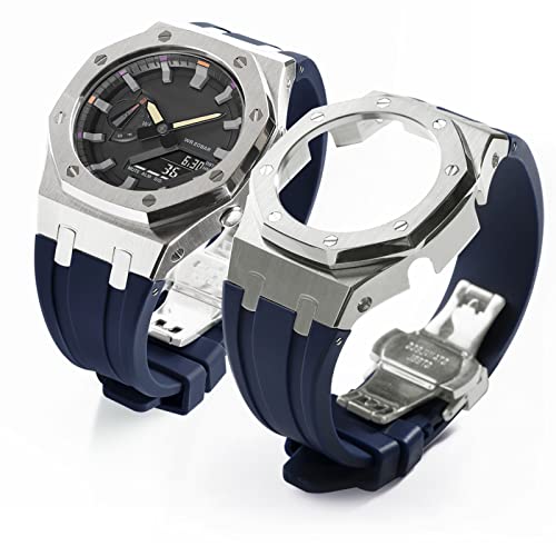 Image of GA2100 Stainless Steel Watch Case with Metal Watchband and Rubber Strap Mod Kit - Compatible with GA-2100 /GA-2110 /GA-B2100 Series - Watch Part Replacement