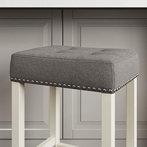 Nathan James Hylie Nailhead Wood Pub-Height Kitchen Counter Bar Stool 24", Tufted Gray/White #TOP5