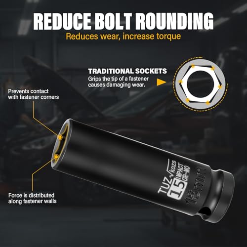 Image of 1 /2 Inch Drive 15mm Deep Metric Impact Socket,CR-MO,6 Point Radius Corner Design,Square Chamfered Opening,Axle Nut Impact Grade Socket for Easy Removal