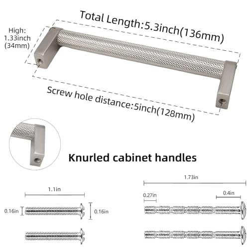 POVEFONK 10 Pack 5 inch(128mm) Brushed Satin Nickel Kitchen Cabinet Handles Knurled Cabinet Pulls Silver Drawer Pulls Kitchen Cabinet Hardware Handles Drawer Pulls Dresser Handles — view 2