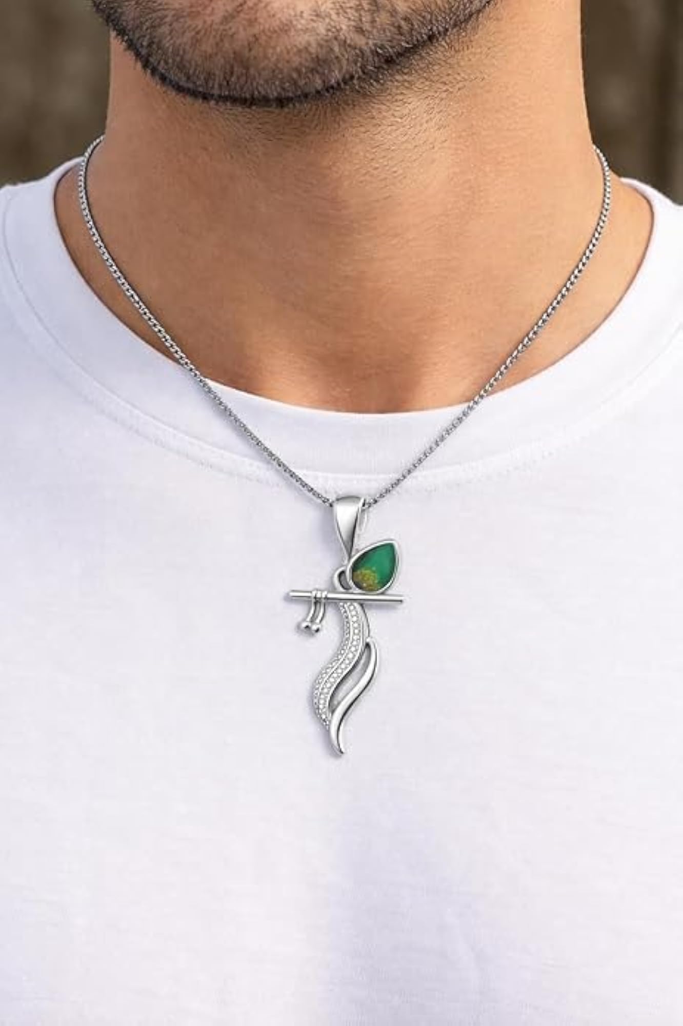 925 Sterling Silver Krishna Inspired Pendant, Bansuri & Green Stone Design