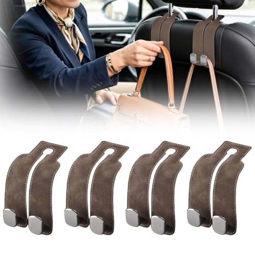 Image of Car Seat Back Organizer, Twinhook Leather Car Headrest Organizer (4, Brown) | Heavy Duty Car Seat Holder for Purses and Bags, Car Purse Hanger with Dual Hooks for Travel