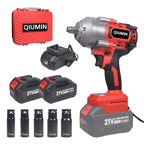 QIUMIN Llave de impacto inalámbrica sin escobillas de 1/2 pulgadas, 1000 Nm, 21V, con 2 * 4000 mAh batería, atornilladora de impacto con 5 boquillas de impacto (17/19/21/22/24 mm), para el automóvil