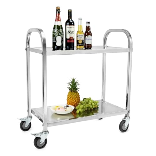 QWORK 2-Etagen Edelstahl Servierwagen Teewagen Reinigungswagen - 75 x 40 x 83 5 cm - Leise Räder mit Bremsen