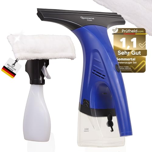 Sommertal Fenstersauger Set, elektrischer Fensterreiniger, Akku Fensterputzer mit 1600Pa, 250ml Tank, inkl. Sprühflasche und Mikrofaserpad, Fensterabzieher für streifenfreie Reinigung