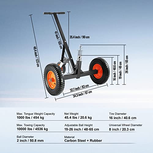 Vevor Adjustable Trailer Dolly, 1000Lbs Tongue Weight Capacity, Carbon Steel Trailer Mover With 19''-26'' Adjustable Height & 2'' Ball, 16'' Pneumatic Tires & Universal Wheel, For Moving Rv Trailer #TOP6