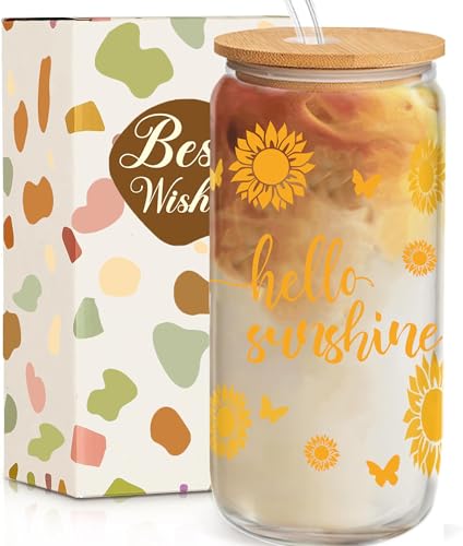MEIMUCUL Sonnenblume Geschenk für Freundin,Kleine Geschenke für Frauen,Sunshine Trinkglas mit Strohhalm und Deckel,Aufmunterung Geschenke,Sonnenschein Geschenk für Frauen,Freundin,Schwester,Kollege