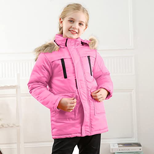 Kids Girls Floral Print Winter Coat Cotton Parka Hooded Snowsuit Warm Zip Up Windproof Puffer Jacket Outerwear (Pink, 11-12 Years)3