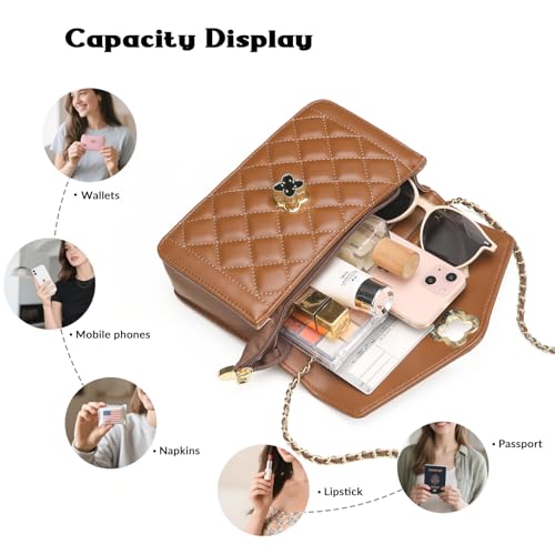 Image of Quilted Leather Crossbody Bags for Women Trendy Ladies Shoulder Purse Satchel HandBag with Chain Strap
