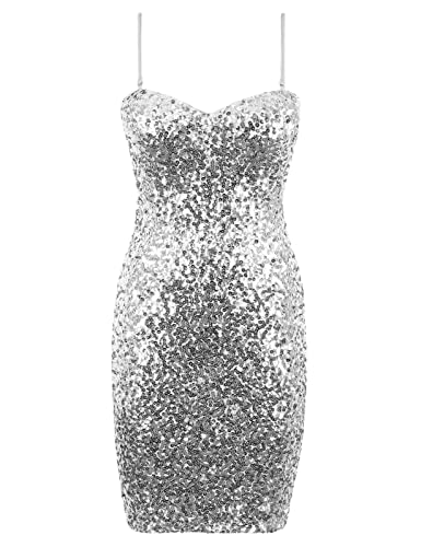 Prettyguide Women's Sparkling Dress Bodycon Removable Spaghetti Strap Short Sequin Cocktail Holiday Party Dress Silver L #TOP5