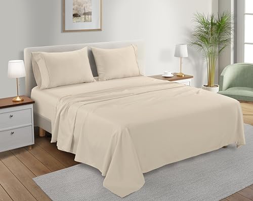 100% Organic Cotton Sheets For Twin Bed, 300TC Fully Elasticated Twin Fitted Sheet & Pillowcase Sets, Fade Resistant Soft & Comfy Deep Pocket Sheets Machine Washable,Naturally Cool & Breathable– Ivory