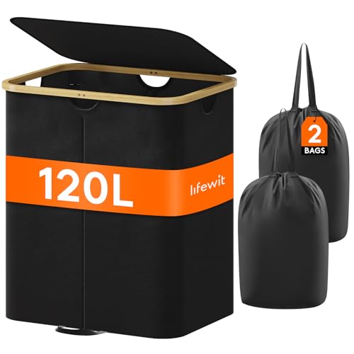 Lifewit 125L Laundry Basket with Lid, Clothes Hampers for Laundry with Bamboo Handles and Removable Laundry Bags, Large Foldable Laundry Hamper for Bedroom, Bathroom, Dorm, Laundry Room, Black