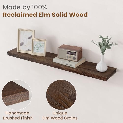 Image of Floating Shelves for Wall Decor, 8 Inch Deep Rustic Solid Elm Wood Floating Shelves Wall Mounted, Wall Shelves with Invisible Bracket for Living Room Bathroom Bedroom Kitchen, 40 Inch Set of 1, Walnut