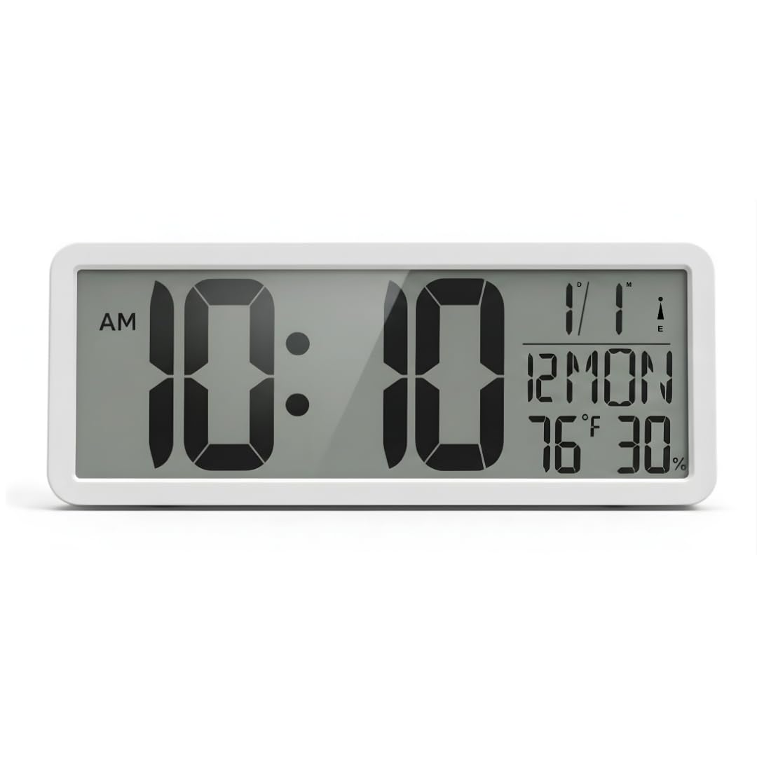 Atomic Digital Wall Clock Battery Operated Large Display Automatic Time Setting with Day Date Temperature Humidity Alarm 12