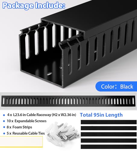 Image of ZhiYo 2 inch H x 2.4 inch W Cable Management Raceway, 95in Under Desk Channel, Black (Pack of 2)