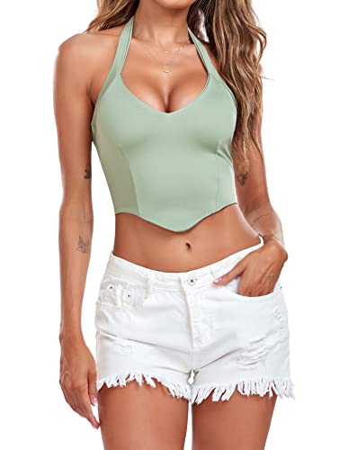EVELIFE Women's Crop Top - Sexy Deep V Halter Neck Sleeveless Corset Bustier Cami Summer Camisole (Green, XL)