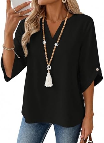 iWoo Bluse Damen 3/4 Arm Elegant Oberteil V Ausschnitt Sommer Tops Tunika | Elegant Locker Loose Fit Outfits für Damen Blusen Baumwoll Shirts