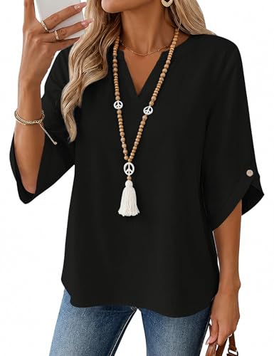 Image of Womens Tops Summer 3/4 Sleeve Cotton Linen Loose Fit Casual Top for UK
