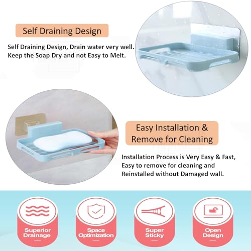 Image of Self Adhesive Soap Holder for Bathroom Wall | Plastic Soap Stand with Drain Tray | Wall Mounted Soap Dish | No Drilling Bathroom Soap Holder (Rectangular Blue 04)