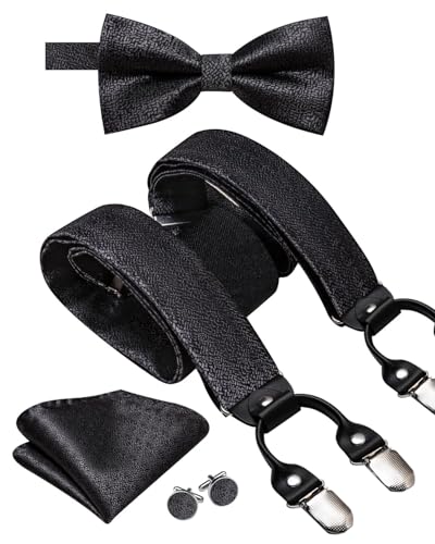 Image of Hi-Tie Men Suspender Bowtie Set Suspenders Pre-tied Bow Tie Pocket Square Cufflinks Adjustable Y Shape 6 Clips Braces Tuxedo