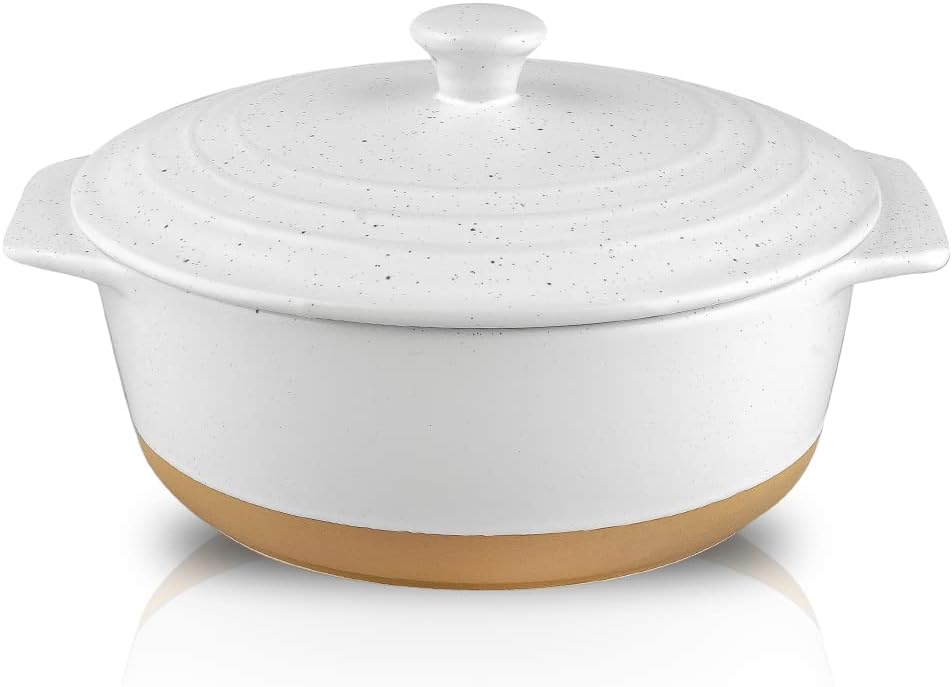 HVH Ceramic Casserole Dish with Lid Oven Safe, 2 Quart Round Casserole Dish Set, 9 Inches Round Baking Dish with Lid Oven Safe, Banquet and Daily Use, Farmhouse Style (White)
