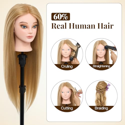 Neverland Frisierkopf Übungskopf mit Ständer 60% Echthaar Puppenkopf zum Frisieren Trainingsköpfe für Friseure Ausbildung Kopf mit Tischklemme und Haare Zubehör